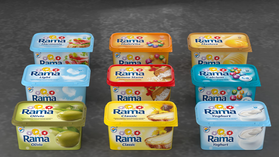 Render - wizualizacja 3D serii opakowań margaryny Rama przygotowanych do druku
